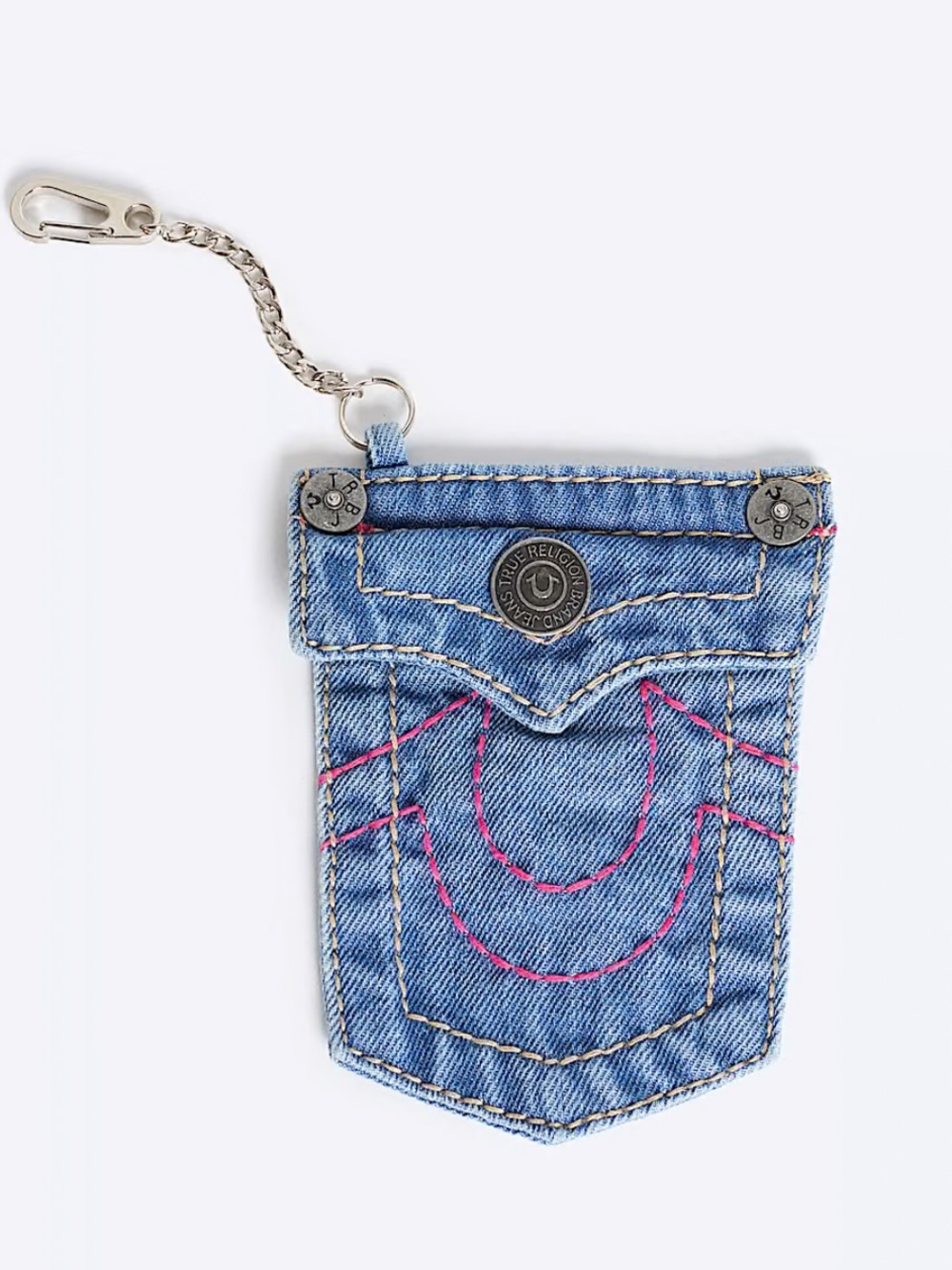 True Religion True Horseshoe Pocket Keychain Denim noLight Blue with Pink Stitch